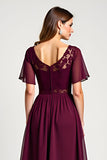 Cabernet A-Line Scoop Ruffle Sleeves Chiffon Knee Length Mother of the Bride Dress with Lace