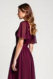 Cabernet A-Line Scoop Ruffle Sleeves Chiffon Knee Length Mother of the Bride Dress with Lace