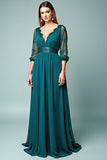 Peacock A-Line V-Neck Long Sleeves Long Formal Dress with Lace