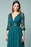 Peacock A-Line V-Neck Long Sleeves Long Formal Dress with Lace