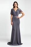 Steel Grey Sheath Wrap Short Sleeves Long Mother of the Bride Dress with Beading