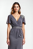 Steel Grey Sheath Wrap Short Sleeves Long Mother of the Bride Dress with Beading