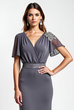 Steel Grey Sheath Wrap Short Sleeves Long Mother of the Bride Dress with Beading