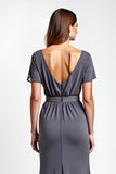 Steel Grey Sheath Wrap Short Sleeves Long Mother of the Bride Dress with Beading