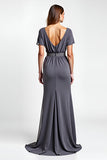 Steel Grey Sheath Wrap Short Sleeves Long Mother of the Bride Dress with Beading