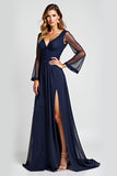 Navy A-Line V-Neck Chiffon Long Sleeves Mother of the Bride Dress with Slit