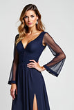 Navy A-Line V-Neck Chiffon Long Sleeves Mother of the Bride Dress with Slit