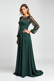 Pine A-Line Chiffon Long Sleeves Mother of the Bride Dress with Lace