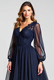 Navy A-Line V-Neck Long Sleeves Chiffon Mother of the Bride Dress with Lace