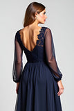 Navy A-Line V-Neck Long Sleeves Chiffon Mother of the Bride Dress with Lace