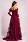 Elegant Burgundy A Line Off the Shoulder Mother of the Bride Dress with Long Sleeves