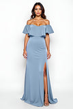 Dusty Blue Sheath Off The Shoulder Long Bridesmaid Dress With Slit