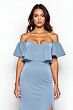 Dusty Blue Sheath Off The Shoulder Long Bridesmaid Dress With Slit