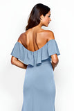 Dusty Blue Sheath Off The Shoulder Long Bridesmaid Dress With Slit