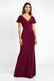 Burgundy Sheath V Neck Short Sleeve Long Formal Dress