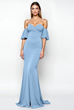 Dusty Blue Mermaid Off The Shoulder Ruched Long Formal Dress