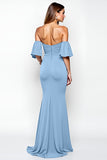 Dusty Blue Mermaid Off The Shoulder Ruched Long Formal Dress