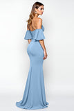 Dusty Blue Mermaid Off The Shoulder Ruched Long Formal Dress