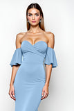 Dusty Blue Mermaid Off The Shoulder Ruched Long Formal Dress