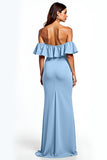 Dusty Blue Mermaid Ruffle Off the Shoulder Long Wedding Guest Dress with Slit