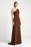 Brown Sheath One Shoulder Long Formal Dress With Bow