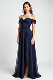 Navy Sheath Off the Shoulder Ruched Chiffon Long Wedding Guest Dress with Slit