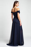 Navy Sheath Off the Shoulder Ruched Chiffon Long Wedding Guest Dress with Slit