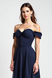 Navy Sheath Off the Shoulder Ruched Chiffon Long Wedding Guest Dress with Slit