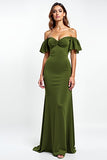 Olive Sheath Ruffled Off the Shoulder Ruched Long Wedding Guest Dress