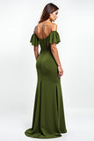 Olive Sheath Ruffled Off the Shoulder Ruched Long Wedding Guest Dress