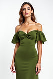 Olive Sheath Ruffled Off the Shoulder Ruched Long Wedding Guest Dress