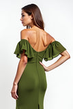 Olive Sheath Ruffled Off the Shoulder Ruched Long Wedding Guest Dress