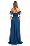 Ink Blue Tulle Off the Shoulder A-Line Ruched Long Wedding Guest Dress