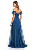 Ink Blue Tulle Off the Shoulder A-Line Ruched Long Wedding Guest Dress