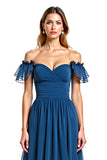 Ink Blue Tulle Off the Shoulder A-Line Ruched Long Wedding Guest Dress