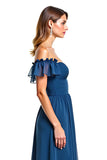 Ink Blue Tulle Off the Shoulder A-Line Ruched Long Wedding Guest Dress