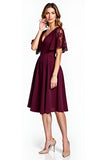 Cabernet Lace V-Neck Knee Length Mother of the Bride Dress with Short Sleeves