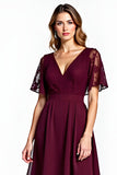 Cabernet Lace V-Neck Knee Length Mother of the Bride Dress with Short Sleeves