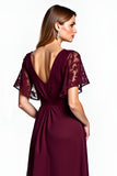 Cabernet Lace V-Neck Knee Length Mother of the Bride Dress with Short Sleeves