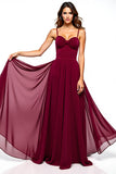 Burgundy Tulle Ruched Spaghetti Straps A-Line Long Wedding Guest Dress