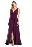 Purple Ruched A Line V Neck Mother of the Bride Dress with Slit