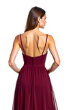 Burgundy Open Back Tulle Spaghetti Straps Ruched Long Wedding Guest Dress