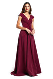 Burgundy V Neck Ruched Long Mother of the Bride Dress with Cap Sleeves