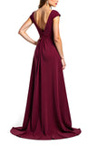 Burgundy V Neck Ruched Long Mother of the Bride Dress with Cap Sleeves