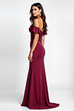 Burgundy Glitter Mermaid Off the Shoulder Long Prom Dress with Sequins