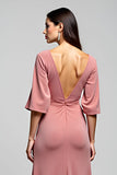 Dusty Rose Open Back V-Neck Long Wedding Guest Dress with Slit