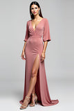 Dusty Rose Open Back V-Neck Long Wedding Guest Dress with Slit