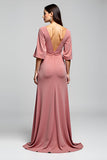 Dusty Rose Open Back V-Neck Long Wedding Guest Dress with Slit