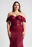 Mermaid Burgundy Sequin Off The Shoulder Long Mother Of Bride Dress