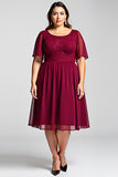 Burgundy A Line Lace Chiffon Midi Mother of the Bride Dress